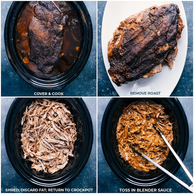 This delicious Cafe Rio Sweet Pork Recipe is a restaurant copycat recipe that is even better homemade (not to mention cheaper!) This succulent slow-cooked pork is perfectly sweet with a touch of spice and delicious served in tacos, burritos, or a big salad! Recipe via ChelseasMessyApron #dinner #quick #easy #simple #copcatrecipe #familyfriendly #kidfriendly #caferio #sweetpork #recipe Process shots-- images of the pork being cooked and then shredded and returned to the crockpot and tossed with the blender sauce