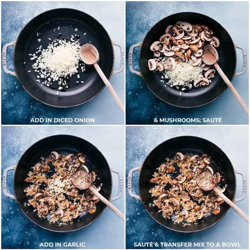 This restaurant-quality creamy Chicken Gnocchi Pasta with mushrooms and spinach can all be made in ONE skillet! Recipe via chelseasmessyapron #dinner #comfortfood #quick #easy #simple #best #creamy #chicken #gnocchi #pasta Process shots-- images of the onions, mushrooms, and garlics being sautรฉed.