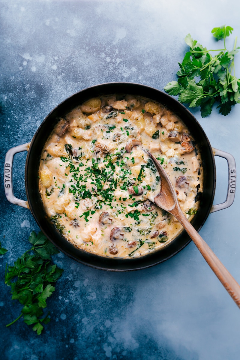 This restaurant-quality creamy Chicken Gnocchi Pasta with mushrooms and spinach can all be made in ONE skillet! Recipe via chelseasmessyapron #dinner #comfortfood #quick #easy #simple #best #creamy #chicken #gnocchi #pasta Chicken Gnocchi Pasta