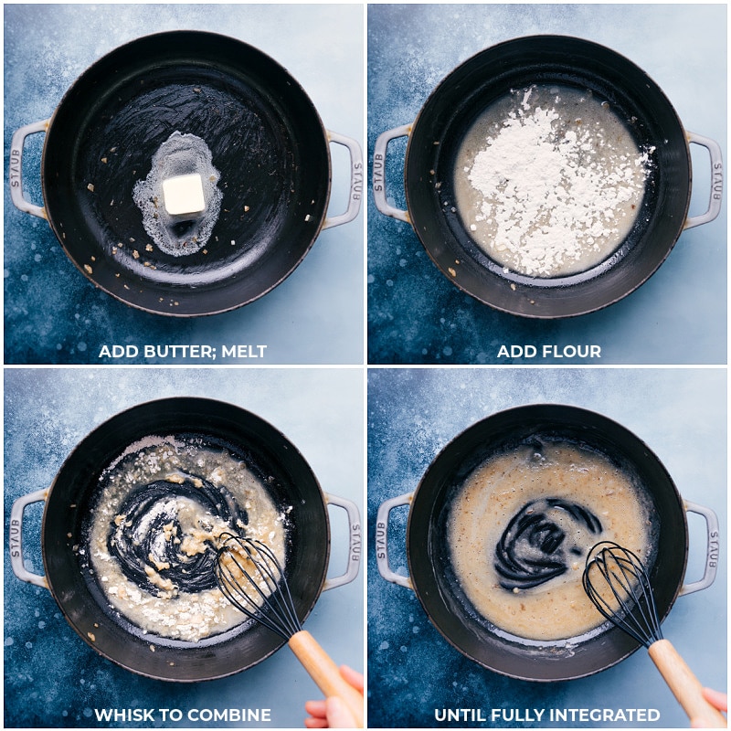 This restaurant-quality creamy Chicken Gnocchi Pasta with mushrooms and spinach can all be made in ONE skillet! Recipe via chelseasmessyapron #dinner #comfortfood #quick #easy #simple #best #creamy #chicken #gnocchi #pasta Process shots-- creating a roux for Chicken Gnocchi Pasta