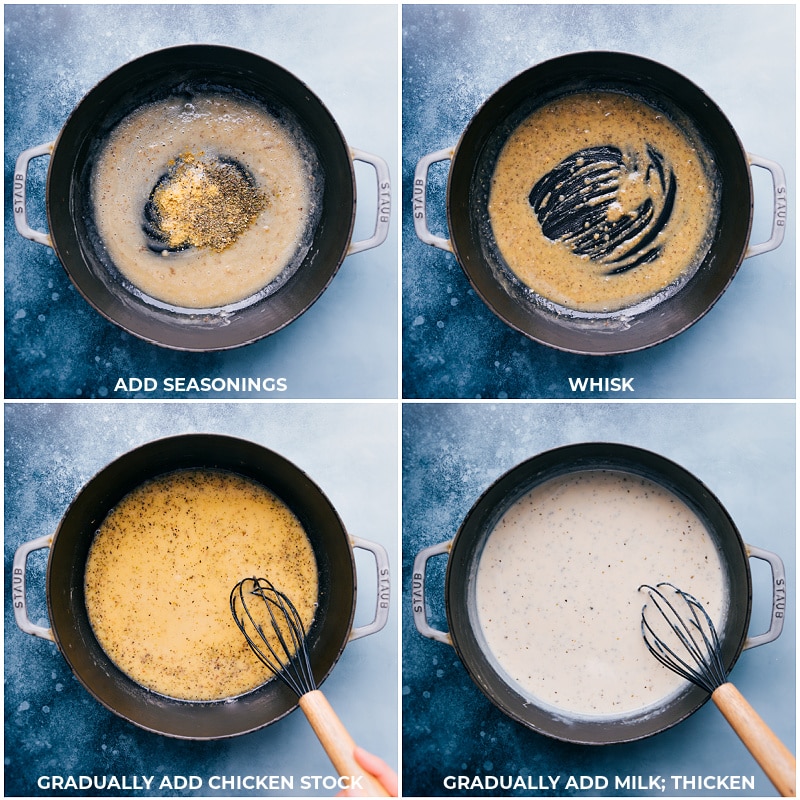 This restaurant-quality creamy Chicken Gnocchi Pasta with mushrooms and spinach can all be made in ONE skillet! Recipe via chelseasmessyapron #dinner #comfortfood #quick #easy #simple #best #creamy #chicken #gnocchi #pasta Process shots-- making the sauce