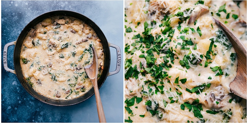 This restaurant-quality creamy Chicken Gnocchi Pasta with mushrooms and spinach can all be made in ONE skillet! Recipe via chelseasmessyapron #dinner #comfortfood #quick #easy #simple #best #creamy #chicken #gnocchi #pasta Process shots--Finishing the Chicken Gnocchi Pasta