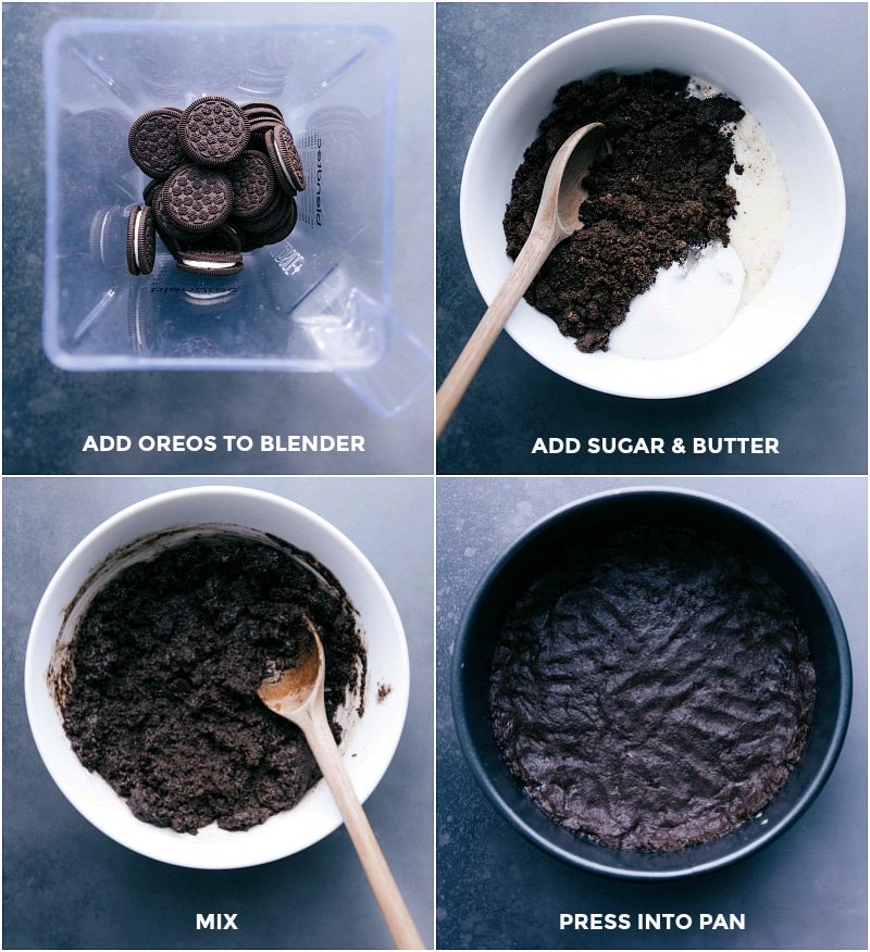 Preparing a Delicious Oreo Crust: Blending Oreos and Mixing with Additional Ingredients Creating a delicious oreo crust by blending oreos and mixing with additional ingredients.