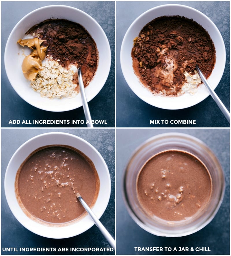 Preparing Peanut Butter Overnight Oats: Mixing Ingredients and Transferring to Jar for Chilling Mixing all the ingredients for chocolate peanut butter overnight oats in a bowl, followed by transferring the mixture to a jar for chilling.