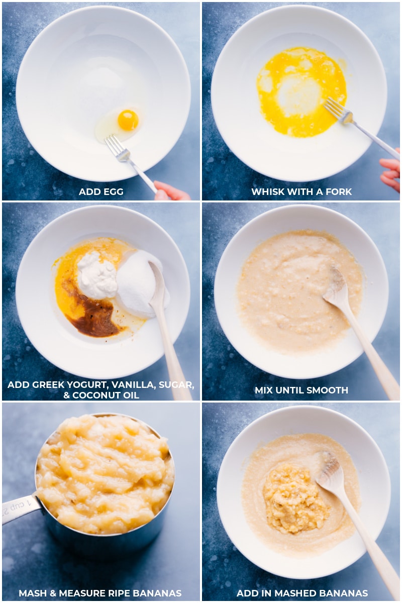 This tasty Chocolate Banana Bread is moist, deeply chocolate, and rich! This banana bread also utilizes better-for-you ingredients -- less sugar than most banana breads, Greek yogurt, dark chocolate, coconut oil, blended up oats, and bananas of course! Recipe via chelseasmessyapron #breakfast #chocolatechips #dessert #best #quick #easy #simple #chocolate #banana #bread Wet ingredients being mixed together for this Chocolate Banana Bread Recipe.