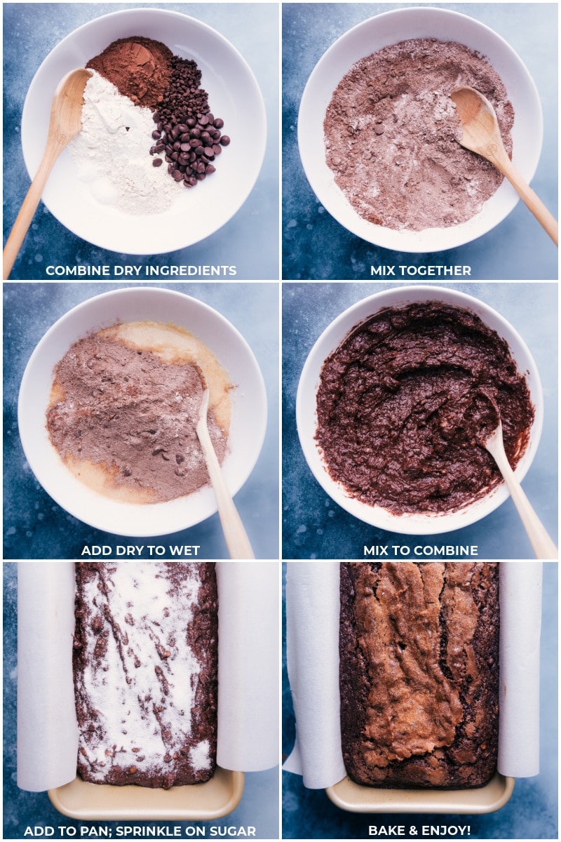 This tasty Chocolate Banana Bread is moist, deeply chocolate, and rich! We make this bread in two bowls -- no stand or hand mixers required. Recipe via chelseasmessyapron #breakfast #chocolatechips #dessert #best #quick #easy #simple #chocolate #banana #bread Dry ingredients being mixed together. Then wet and dry mixed together and it all baked.