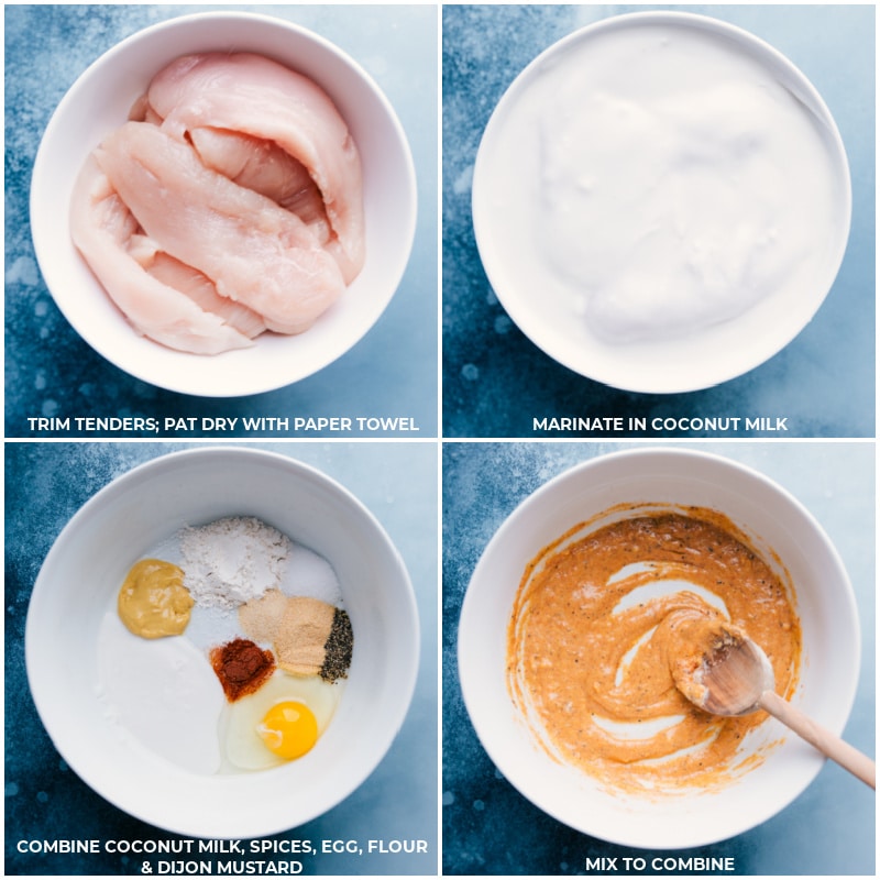 How To Make The Flavorful Batter For These Crispy Coconut Chicken Tenders Preparing chicken for marinating while mixing the batter ingredients in a bowl.