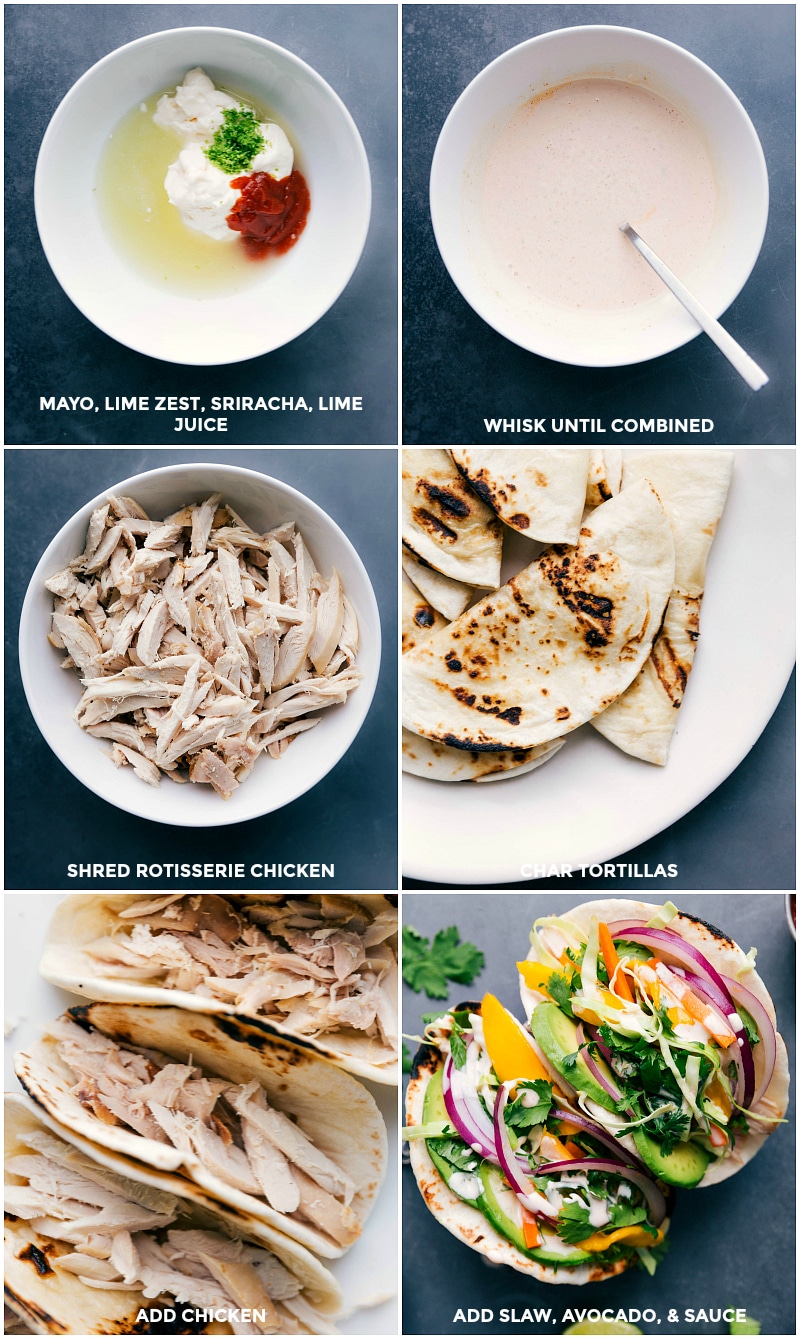 Preparing Asian Chicken Tacos: Making Taco Sauce, Shredding Chicken, Charring Tortillas, and Adding Slaw Preparation of chicken asian tacos with taco sauce, shredded chicken, charred tortillas, and slaw.