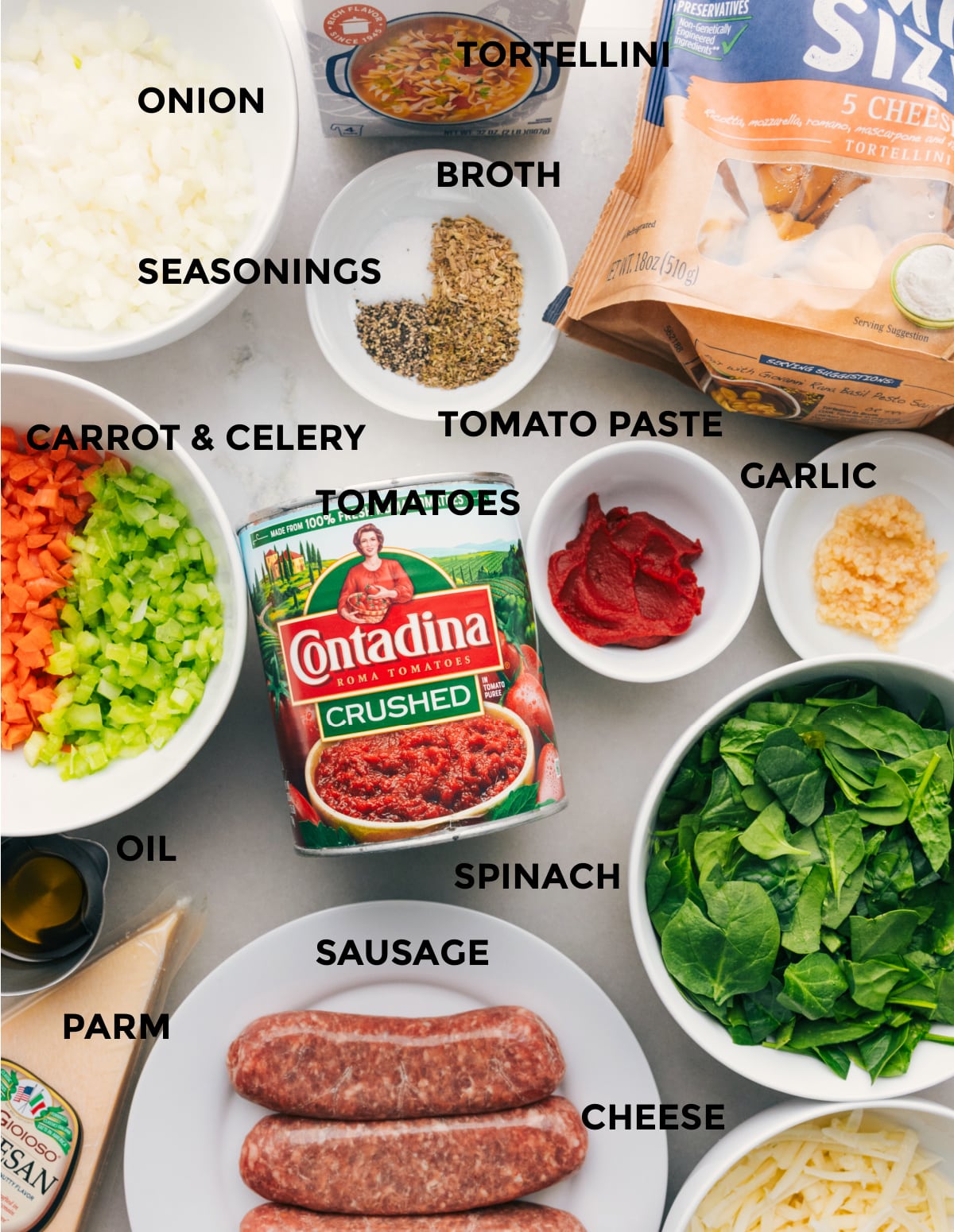 Ingredients In Baked Tortellini All the ingredients used in this recipe prepped out for easy assembly.