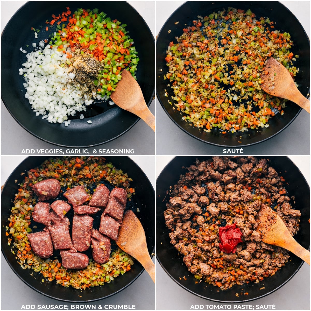 Our Favorite Baked Tortellini All the veggies, garlic, seasonings, sausage, and tomato paste being sautรฉed in a pan for Baked Tortellini.