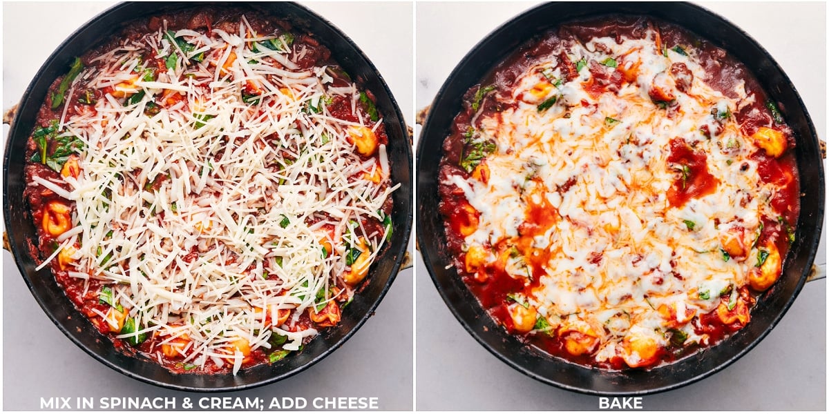 Simple Baked Tortellini Spinach, cream, and cheese being added for Baked Tortellini.