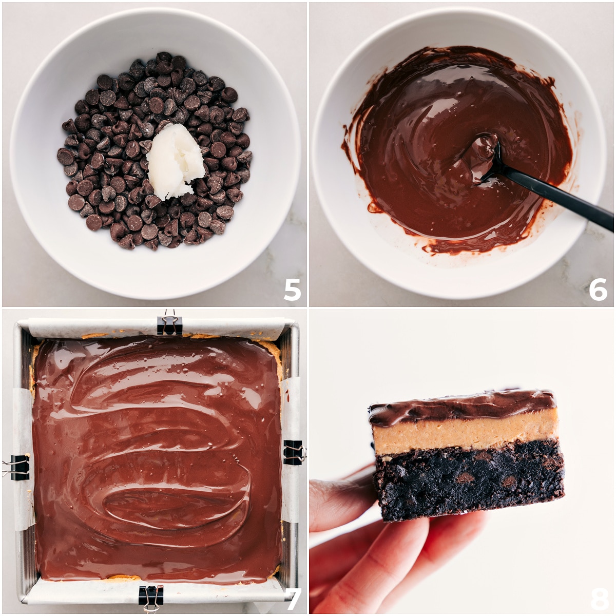 How To Make Buckeye Brownies The chocolate ganache melts together before being added on top of the bars.