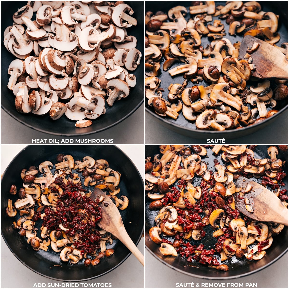 Sautรฉing Mushrooms and Sun-Dried Tomatoes to Perfection Mushrooms and sun-dried tomatoes being sautรฉed in a pan over heat, turning golden brown.