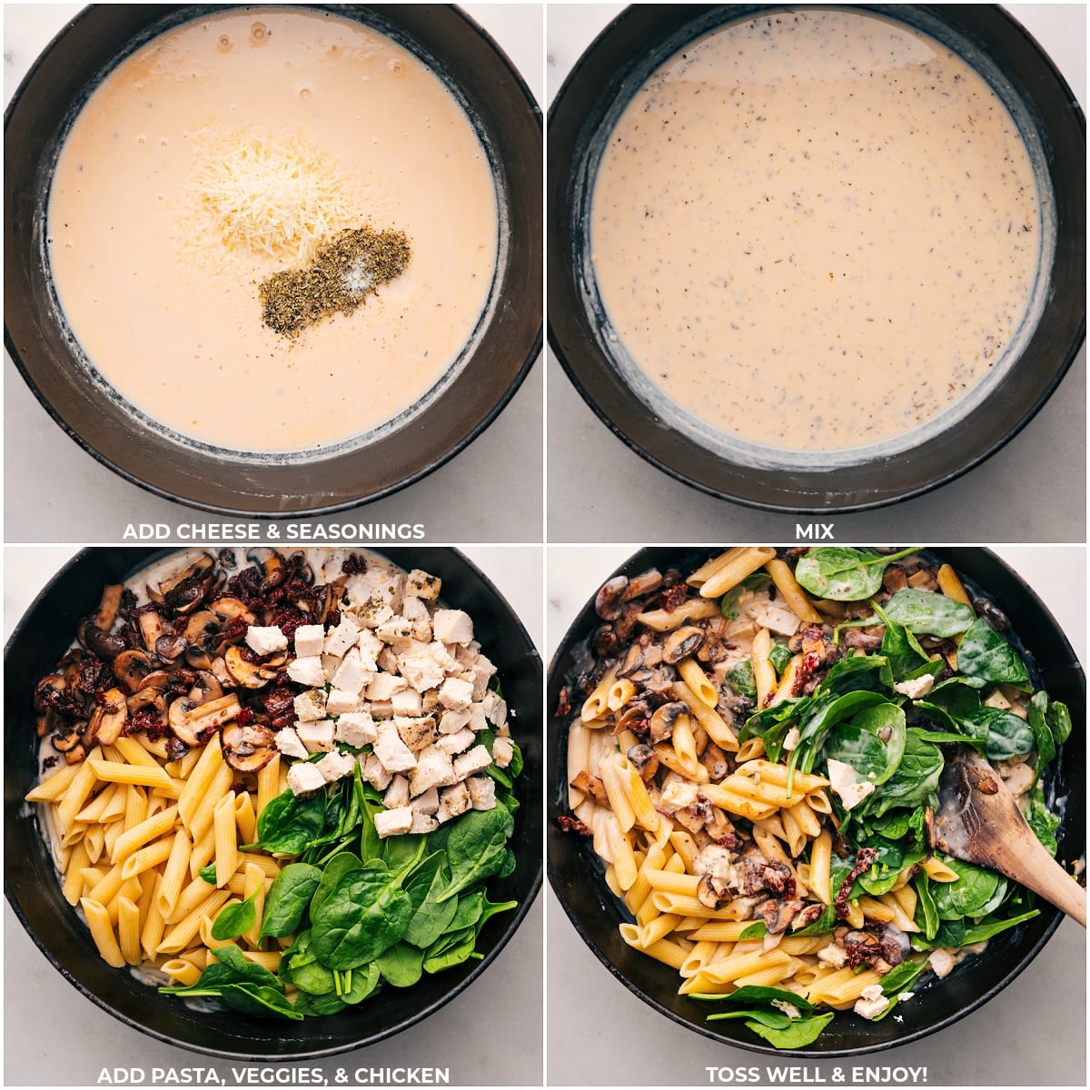 Combining Cheese, Seasonings, Pasta, Veggies, and Chicken in a Hearty Mix Cheese and seasonings stirred into a creamy mixture, with pasta, vegetables, and chicken added, all stirred together and ready to serve.