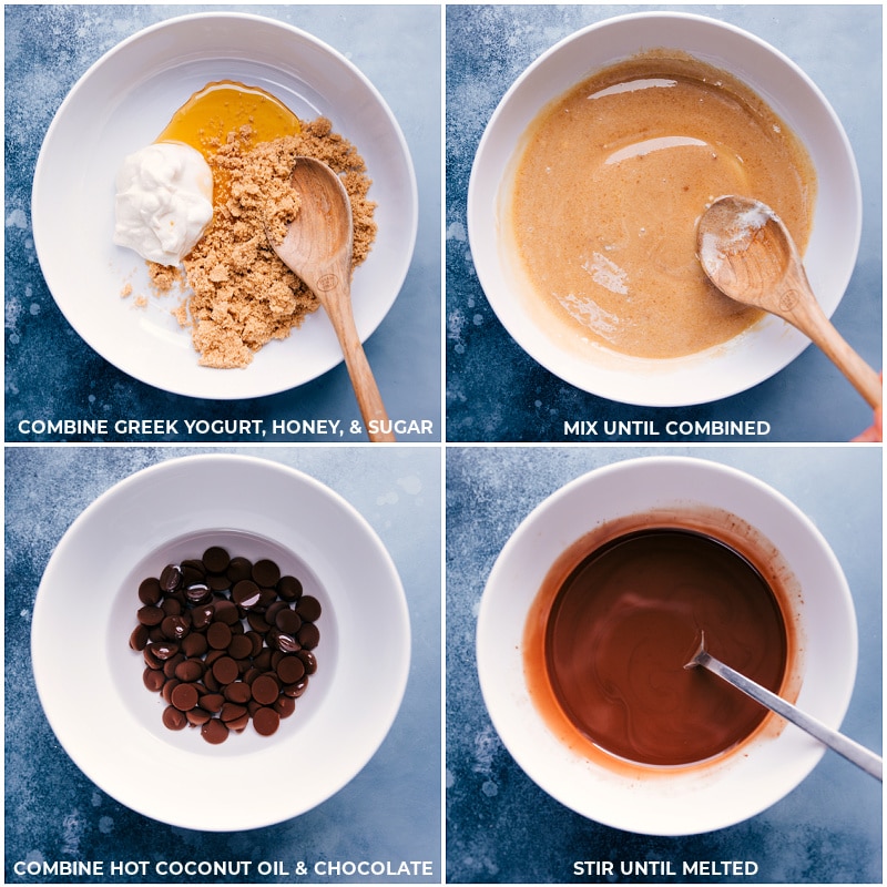 This rich Chocolate Zucchini Bread is moist, deeply chocolatey, and completely irresistible! This zucchini bread also uses better-for-you ingredients — less sugar than most zucchini bread, Greek yogurt, dark chocolate, coconut oil, blended-up oats, and of course, grated zucchini. Recipe via chelseasmessyapron #dessert #cocoa #healthy #breakfast #milk #chocolate #zucchini #bread Process shots-- images of the wet ingredients being mixed together