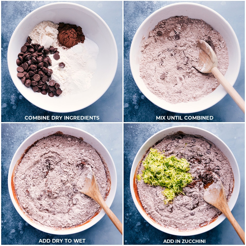 This rich Chocolate Zucchini Bread is moist, deeply chocolatey, and completely irresistible! This zucchini bread also uses better-for-you ingredients — less sugar than most zucchini bread, Greek yogurt, dark chocolate, coconut oil, blended-up oats, and of course, grated zucchini. Recipe via chelseasmessyapron #dessert #cocoa #healthy #breakfast #milk #chocolate #zucchini #bread Process shots-- adding the dry ingredients to the wet; mixing it all; adding the zucchini