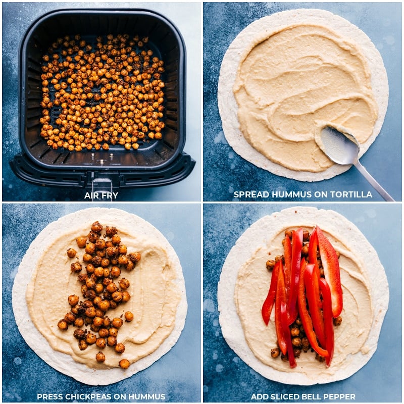 These delicious Hummus Wraps start with tasty, crisp chickpeas, loads of fresh veggies, and smooth hummus-topped tortillas. Recipe via ChelseasMessyApron #healthy #dinner #lunch #quick #easy #simple #best #clean #cleaneating #wholefoods #chickpeas #vegetarian #vegan #hummus #wrap Process shots--chickpeas in the air fryer; adding hummus to the tortillas; adding the chickpeas and bell peppers
