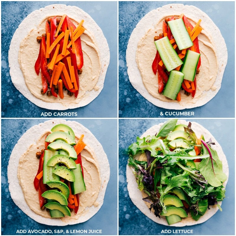 The best ever Hummus Wraps start with tasty, crisp chickpeas, loads of fresh veggies, and smooth hummus-topped tortillas. Recipe via ChelseasMessyApron #healthy #dinner #lunch #quick #easy #simple #best #clean #cleaneating #wholefoods #chickpeas #vegetarian #vegan #hummus #wrap Process shots-- layers of carrots, cucumbers, avocados, and lettuce on the tortillas for these Hummus Wraps