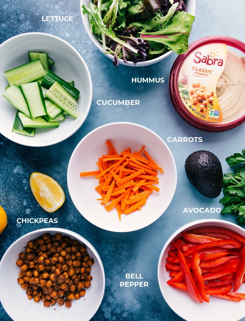 Easy, 30-minute Hummus Wraps start with tasty, crisp chickpeas, loads of fresh veggies, and smooth hummus-topped tortillas. This is the best lunch! Recipe via ChelseasMessyApron #healthy #dinner #lunch #quick #easy #simple #best #clean #cleaneating #wholefoods #chickpeas #vegetarian #vegan #hummus #wrap Ingredient shot-- All ingredients used in this dish