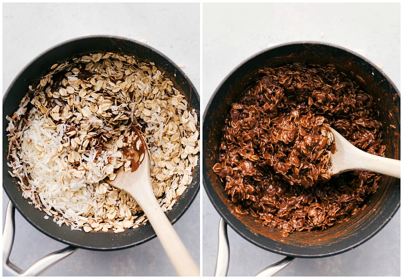 The famous chocolate and peanut butter no-bake cookies can be made with better-for-you ingredients (no refined sugars). These easy Healthy No-Bake Cookies can be made in 15 minutes or less and are truly the best! Adding in the oats to the pot.