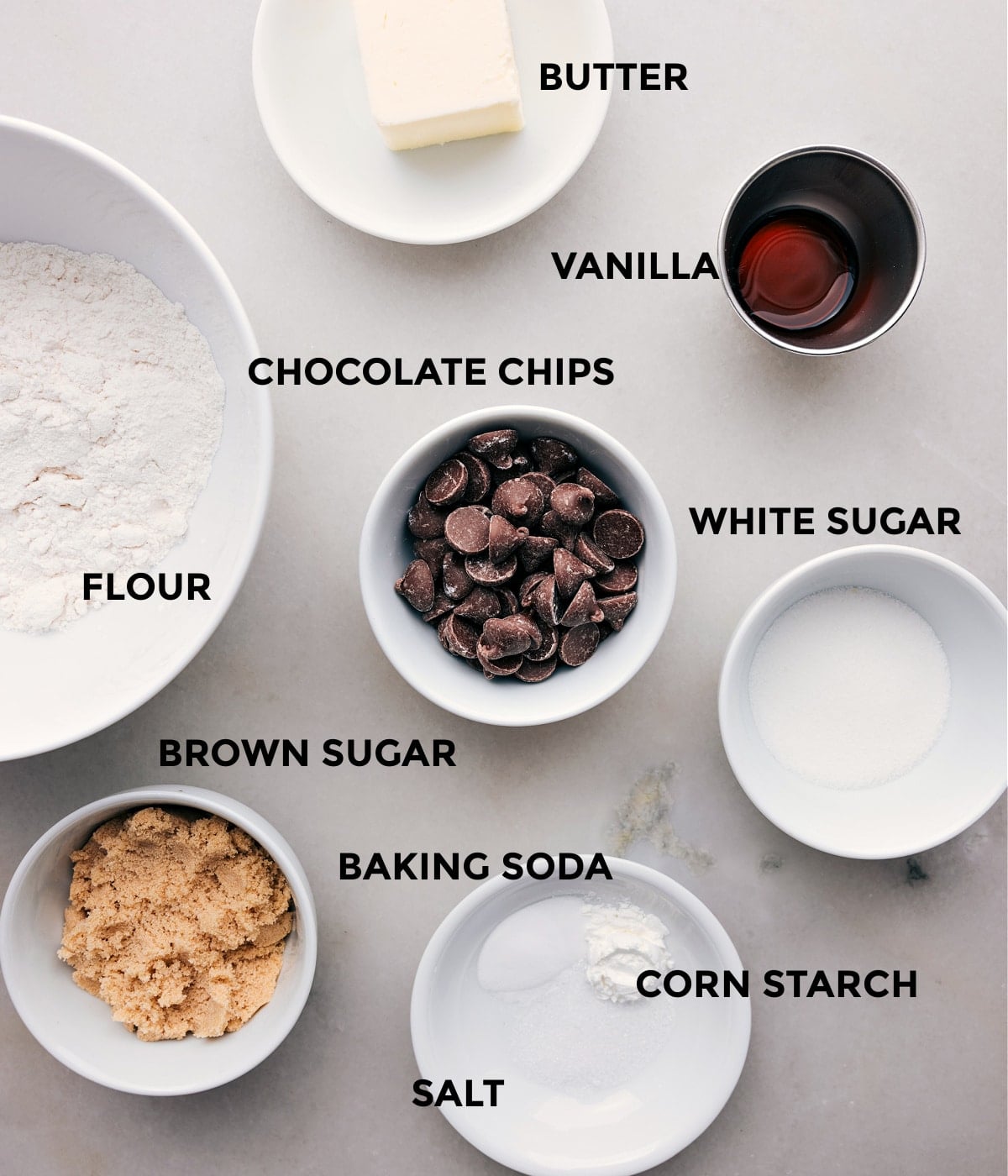 Ingredients In Single Serving Chocolate Chip Cookies All the ingredients in this recipe prepped out for easy assembly.