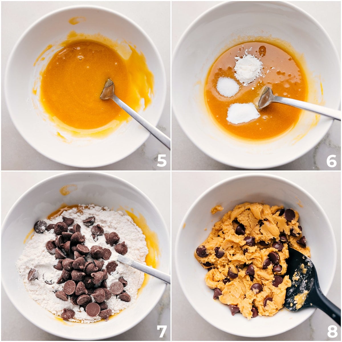 Dry ingredients being added to the bowl and it all being mixed together.