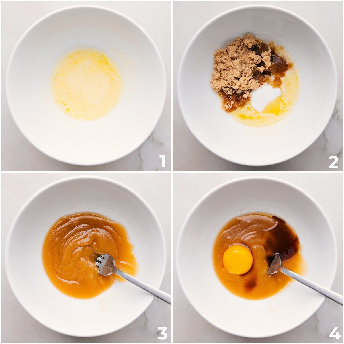 Making The Best Single Serve Chocolate Chip Cookie The wet ingredients being whisked together for this single serve chocolate chip cookie.