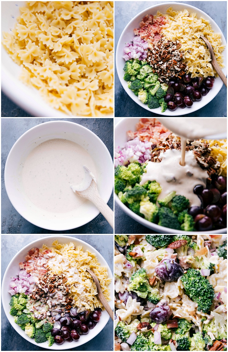 Assembling Broccoli Grape Pasta Salad: Cooking, Mixing, and Dressing Mixing the ingredients and pouring dressing onto the broccoli pasta grape salad.