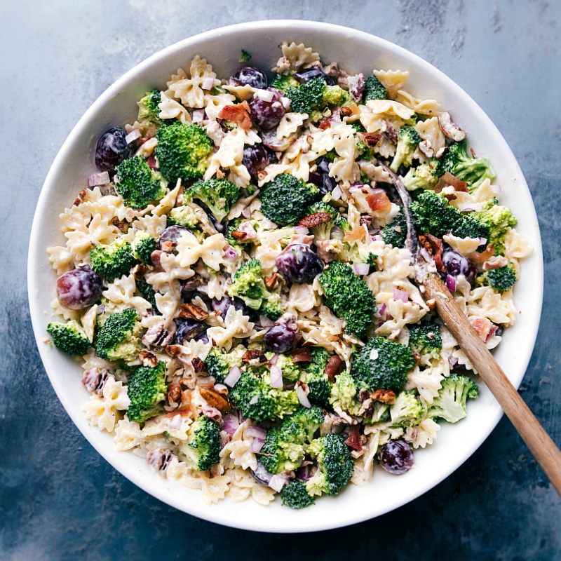 Broccoli Grape Pasta Salad, Perfectly Presented and Ready to Enjoy Overhead view of vibrant, healthy dish in a bowl, beautifully prepared and ready for serving.