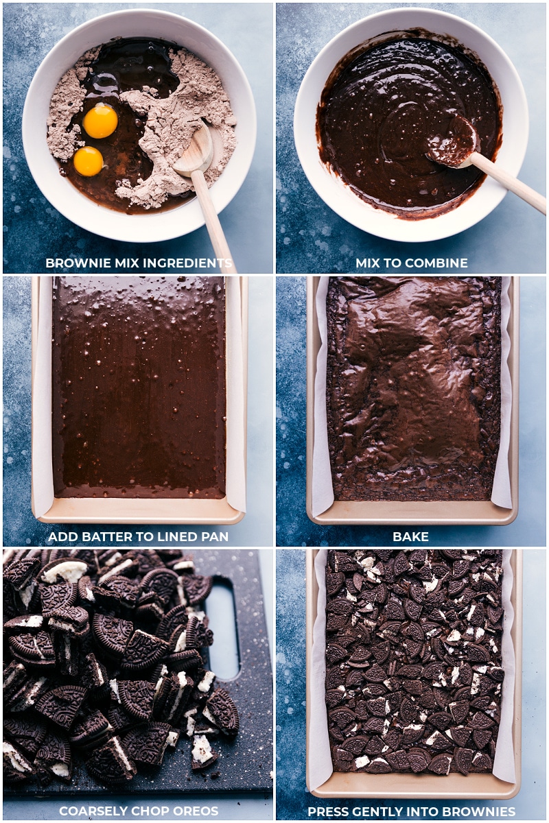 This Brownie Oreo Ice Cream Cake is one for the books! Add a layer of whipped topping with a few more crushed Oreos for good measure -- more is more with this dessert! Recipe via chelseasmessyapron #dessert #best #quick #easy #simple #birthday #frozen #frozendessert #oreo #icecream #cake Process shots-- images of the brownies being baked and the Oreos being chopped and added on top of the brownies.