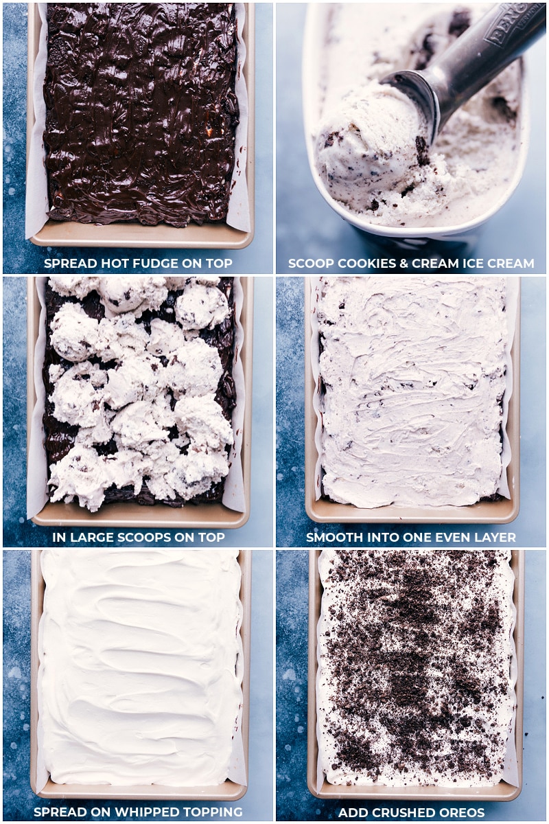 Fudge-y rich brownies are topped with chopped Oreo cookies that have been smothered in hot fudge and get topped with Cookies & Cream Ice Cream. Add a layer of whipped topping with a few more crushed Oreos for good measure -- more is more with this dessert! Recipe via chelseasmessyapron #dessert #best #quick #easy #simple #birthday #frozen #frozendessert #oreo #icecream #cake Process shots-- images of the hot fudge being added on the top, ice cream being spread over that, whipped cream going on top of that, and Oreo crumbs being sprinkled on top.