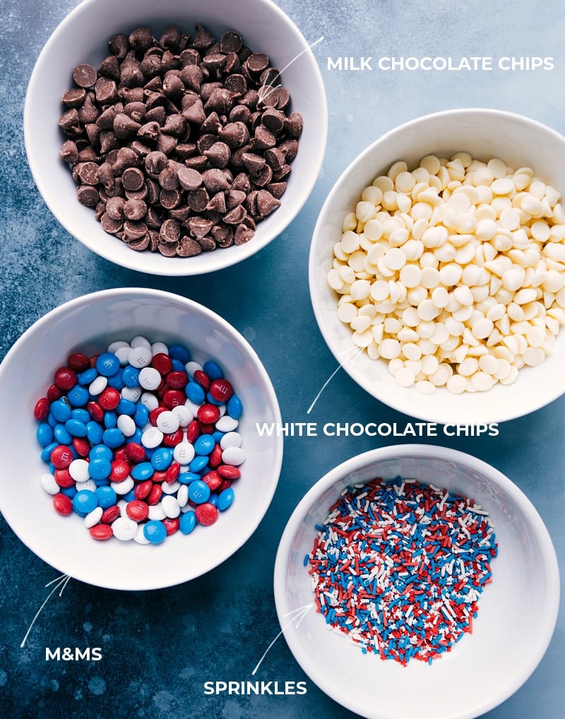 This 4th of July Bark Recipe is the perfect patriotic treat! Recipe via ChelseasMessyApron #festive #chocolate #whitechocolate #m&ms #sprinkles #dessert #treat #fourthofjuly #bark Ingredients for 4th of July Bark