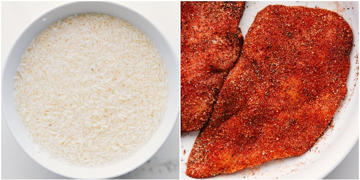 How To Make Chicken Rice Foil Packs Rice being soaked and chicken rubbed in seasoning for this chicken rice foil packs.