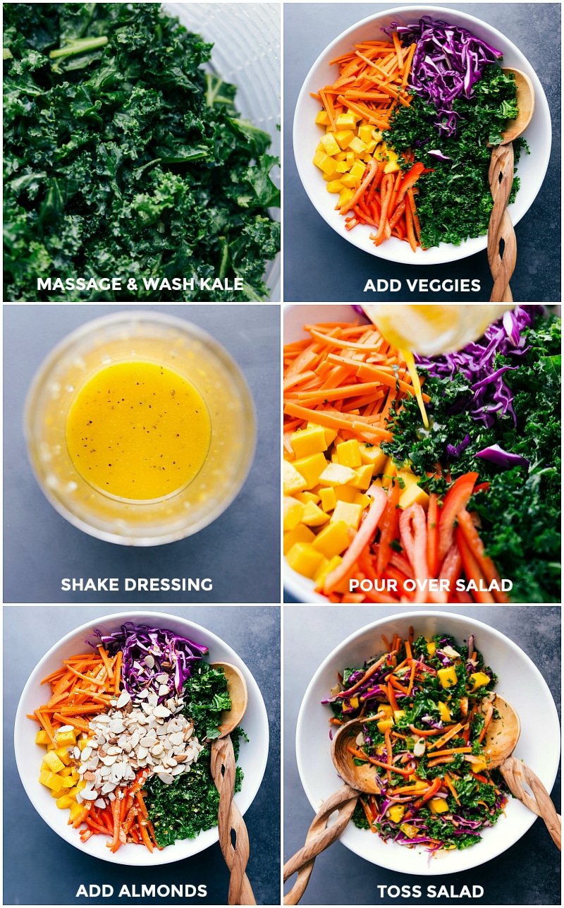 Process of preparing a kale salad: from washing and massaging kale, adding veggies and homemade dressing, to sprinkling almonds and tossing the mix. Greens being rinsed and massaged, with vegetables, dressing, and almonds added before tossing together.