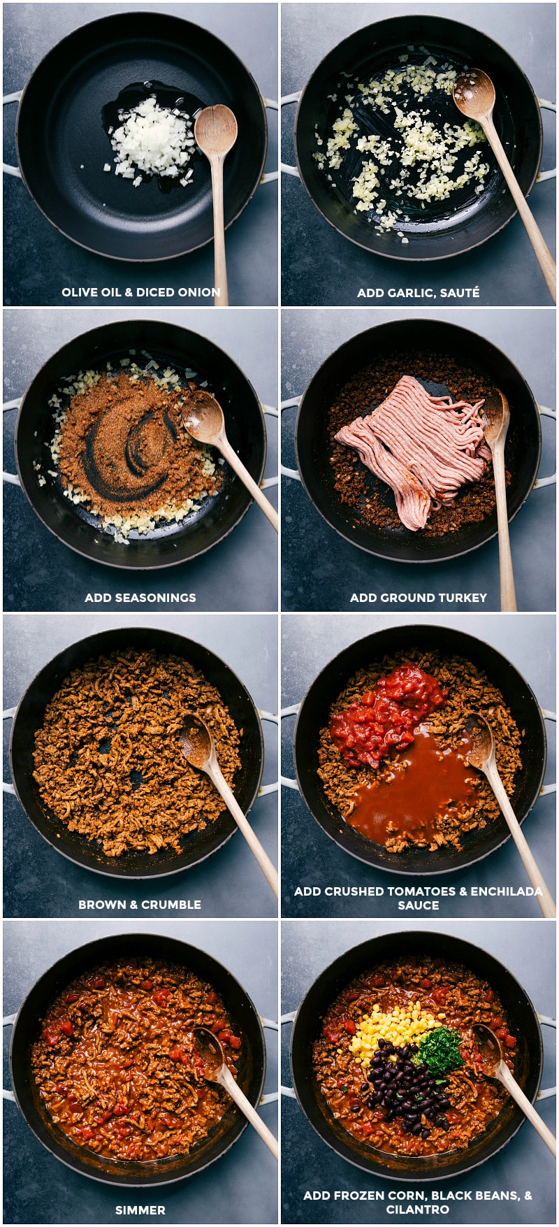 Preparing Turkey Filling for the Mexican Zucchini Boat Brown onion in olive oil; add garlic; continue sautรฉing and add seasonings and ground turkey; add in crushed tomatoes and enchilada sauce; simmer to blend flavors; add corn, black beans and cilantro.