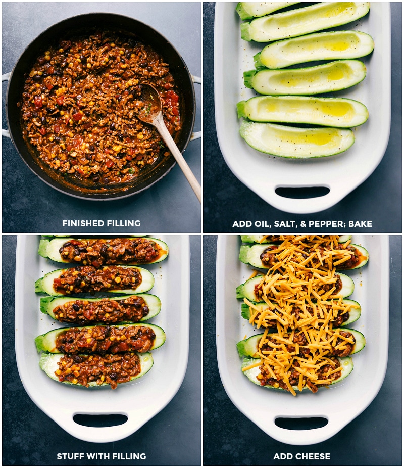 Filling Zucchini Boats with Ground Turkey Mixture and Cheese, Baking Mexican zucchini burrito boats filled with seasoned ground turkey mixture and cheese, baked to perfection.