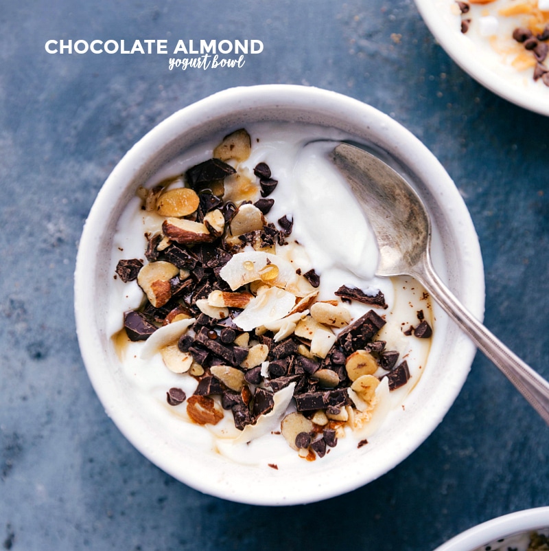 Indulgent Chocolate-Almond Yogurt Bowl: Ready to Savor Chocolate-almond bowl of yogurt with a spoon, inviting and delectable.