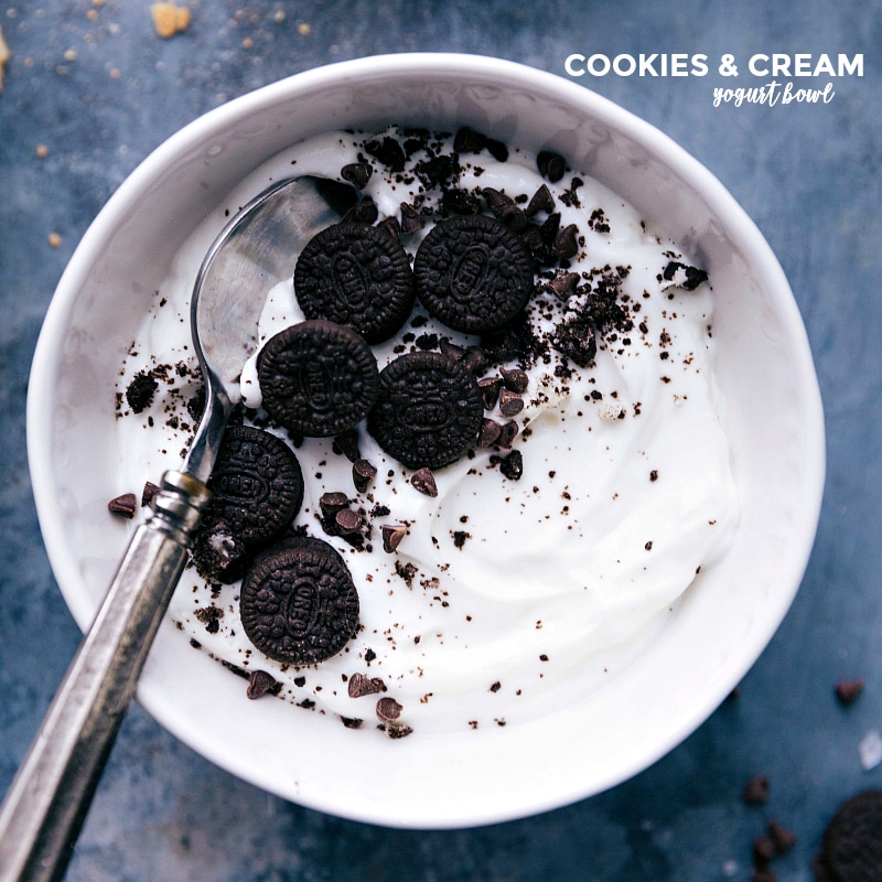 Cookies and Cream Yogurt Bowl: A Delicious Dessert in a Bowl Cookies and cream bowl of yogurt with a spoon, a delectable treat awaits.