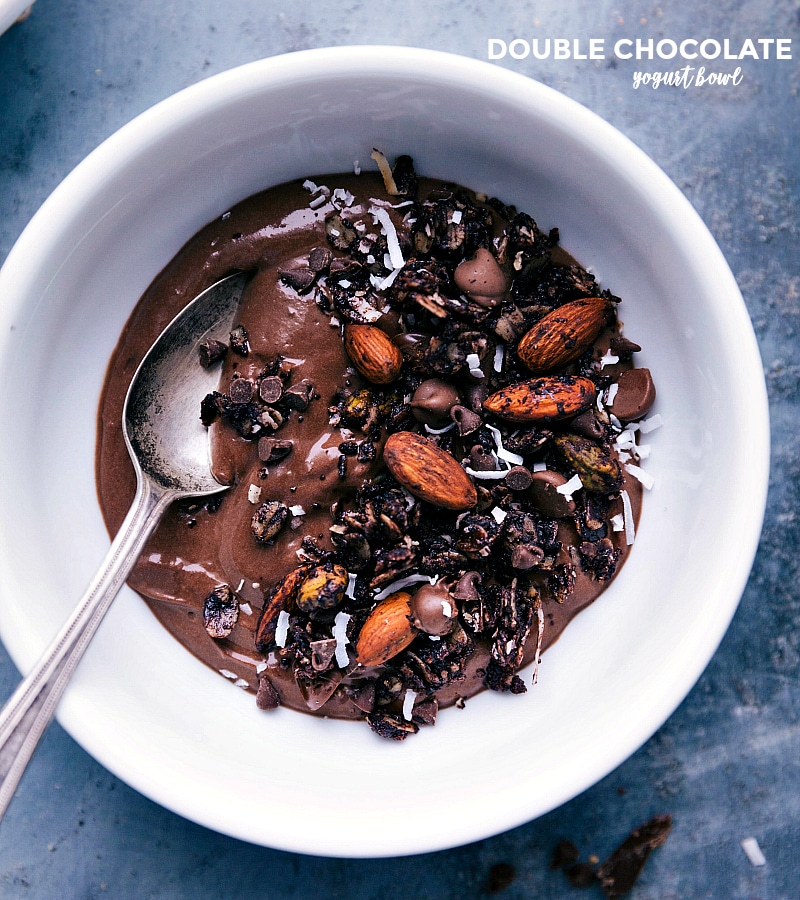 Double Chocolate Yogurt Bowl with Crunchy Granola: A Sweet Delight Double chocolate variation topped with fresh granola, a mouthwatering dessert.