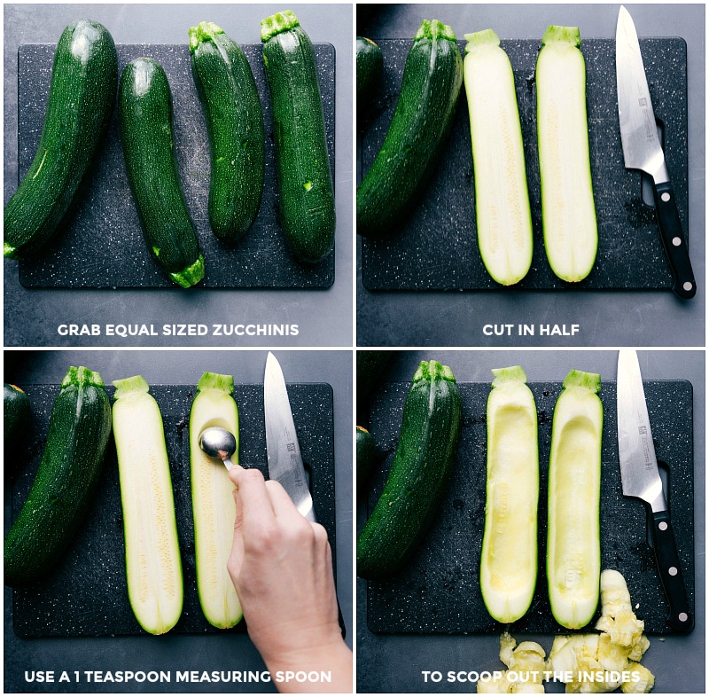 Preparation Steps for Zucchini Boats: Selecting, Cutting, and Scooping Select similar-sized zucchini; cut each in half lengthwise; scoop out the seeds and most of the flesh with a small measuring spoon.