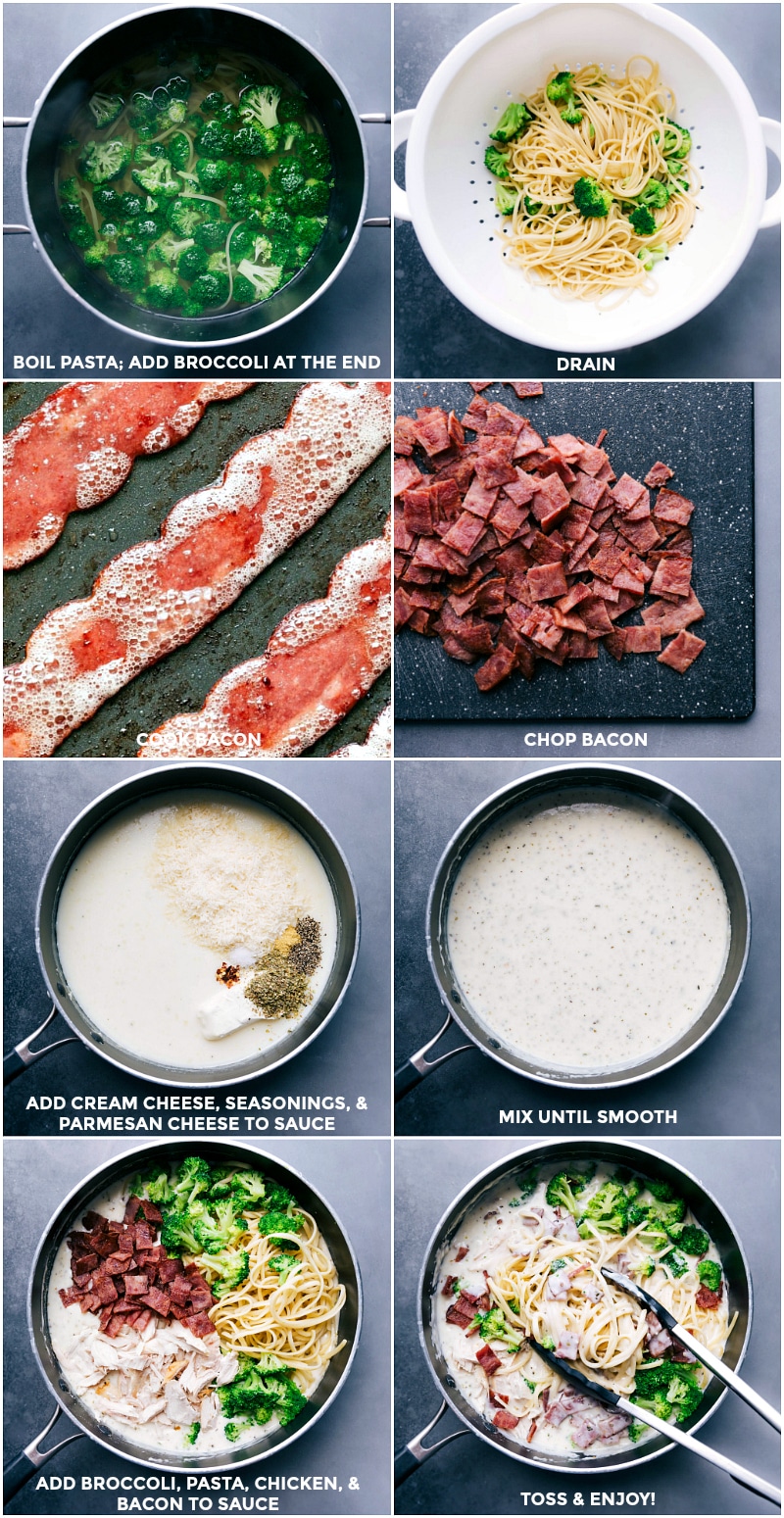 Making Chicken Broccoli Alfredo - Mixing Ingredients for a Delicious Dish Boiling pasta and adding broccoli at the end, draining, cooking bacon, chopping it, adding cream cheese, seasonings, and parmesan cheese to the sauce, mixing until smooth, adding pasta, broccoli, bacon, and chicken to the sauce, mixing, and enjoying the chicken alfredo with broccoli.