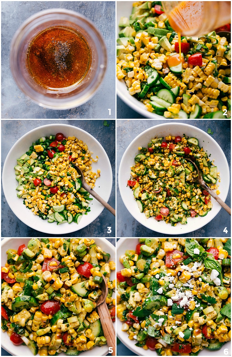 Crafting the Perfect Corn Salad: Dressing, Mixing, and Feta Finish Dressing being poured onto corn salad, mixture being stirred, and fresh feta cheese sprinkled on top, ready for serving.