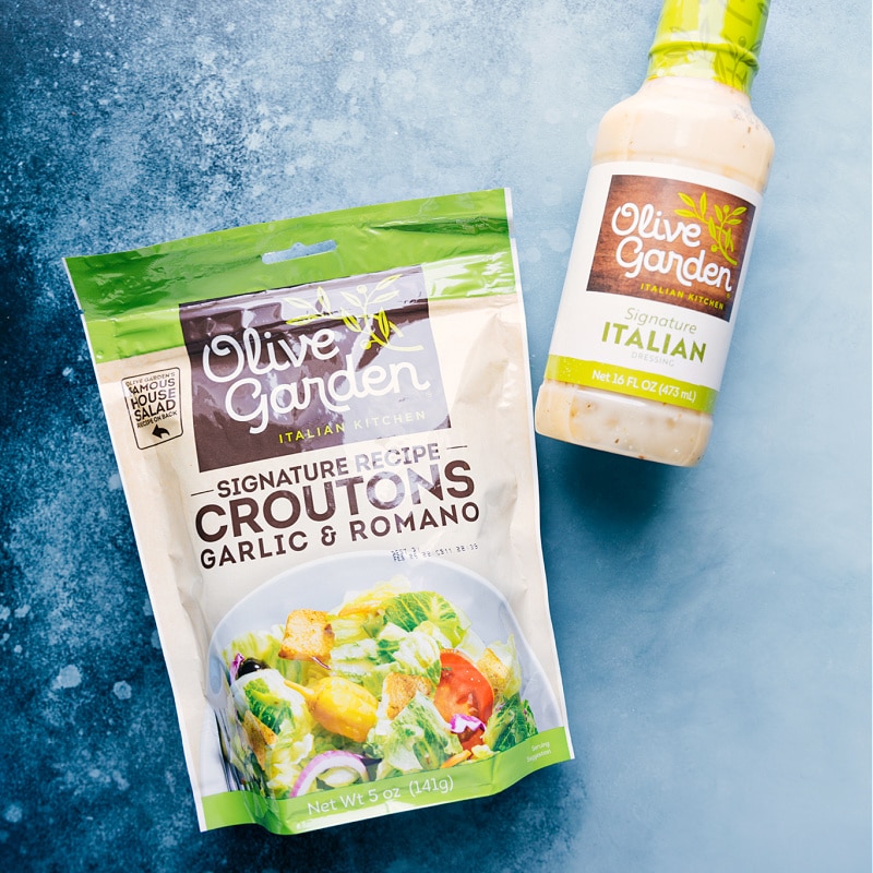 Croutons and Italian dressing used in this recipe.