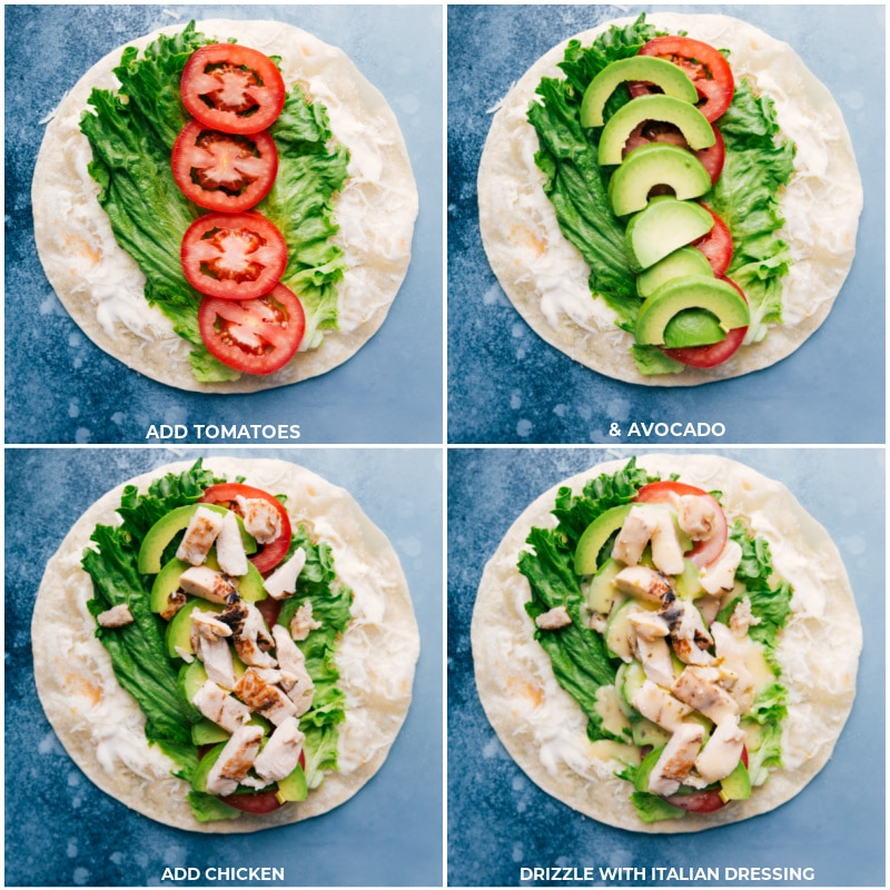 The tomatoes, avocado, chicken, and dressing layered into the Italian wraps.