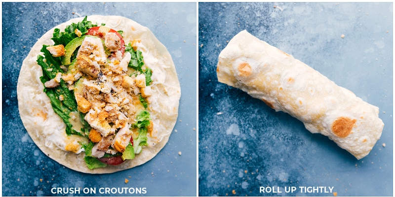How To Make Italian Wraps Croutons being crushed on top and rolled up tightly for these Italian Wraps.