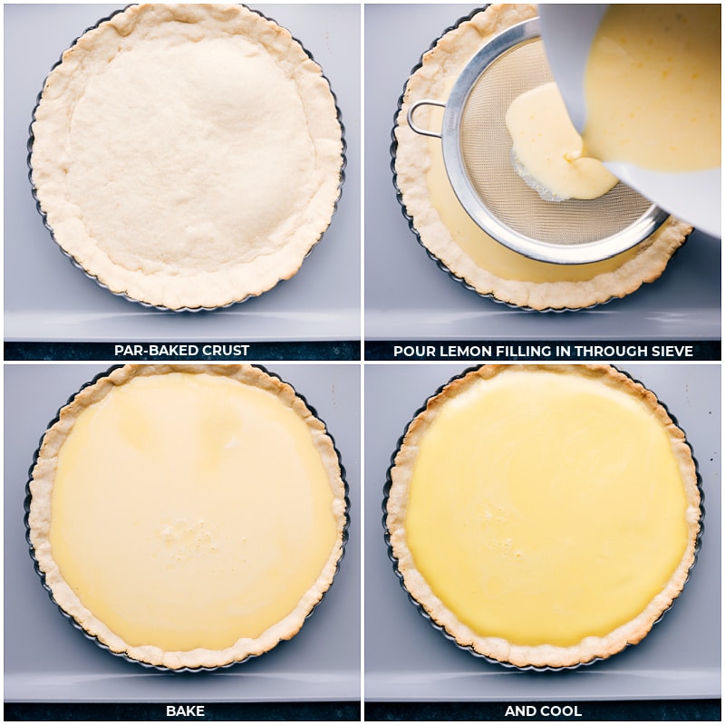 You'll love this Lemon Tart! Recipe via ChelseasMessyApron.com #lemontart #betterthanpie #custart #tartsweet #lemony #dessert Process shots: Pour lemon filling through a sieve onto the par-baked crust; bake and let cool.