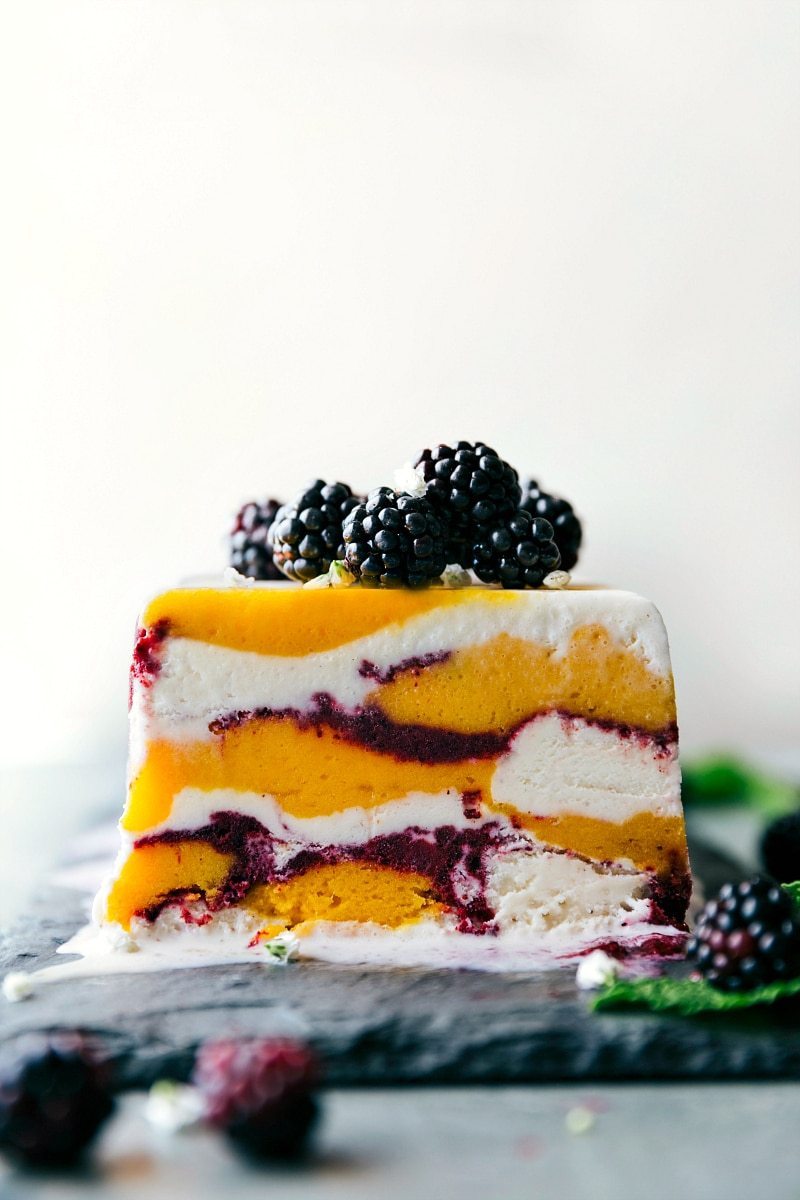 Sorbet Terrine out of the pan with fresh blackberries on top.