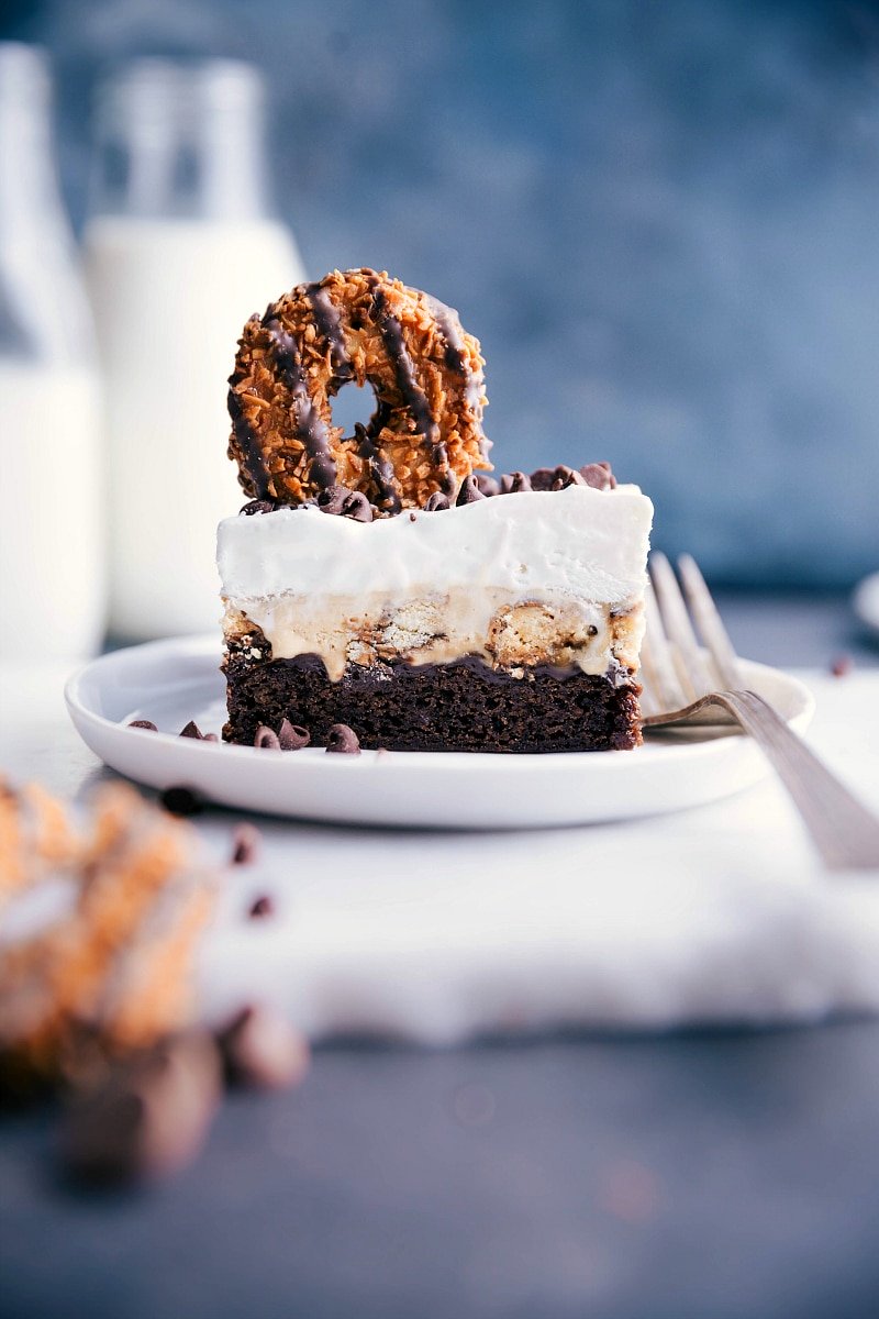 Brownie Ice Cream Bar Slice with Samoas Cookie on Top A slice of brownie ice cream bar with a samoas cookie on top, ready to be enjoyed.