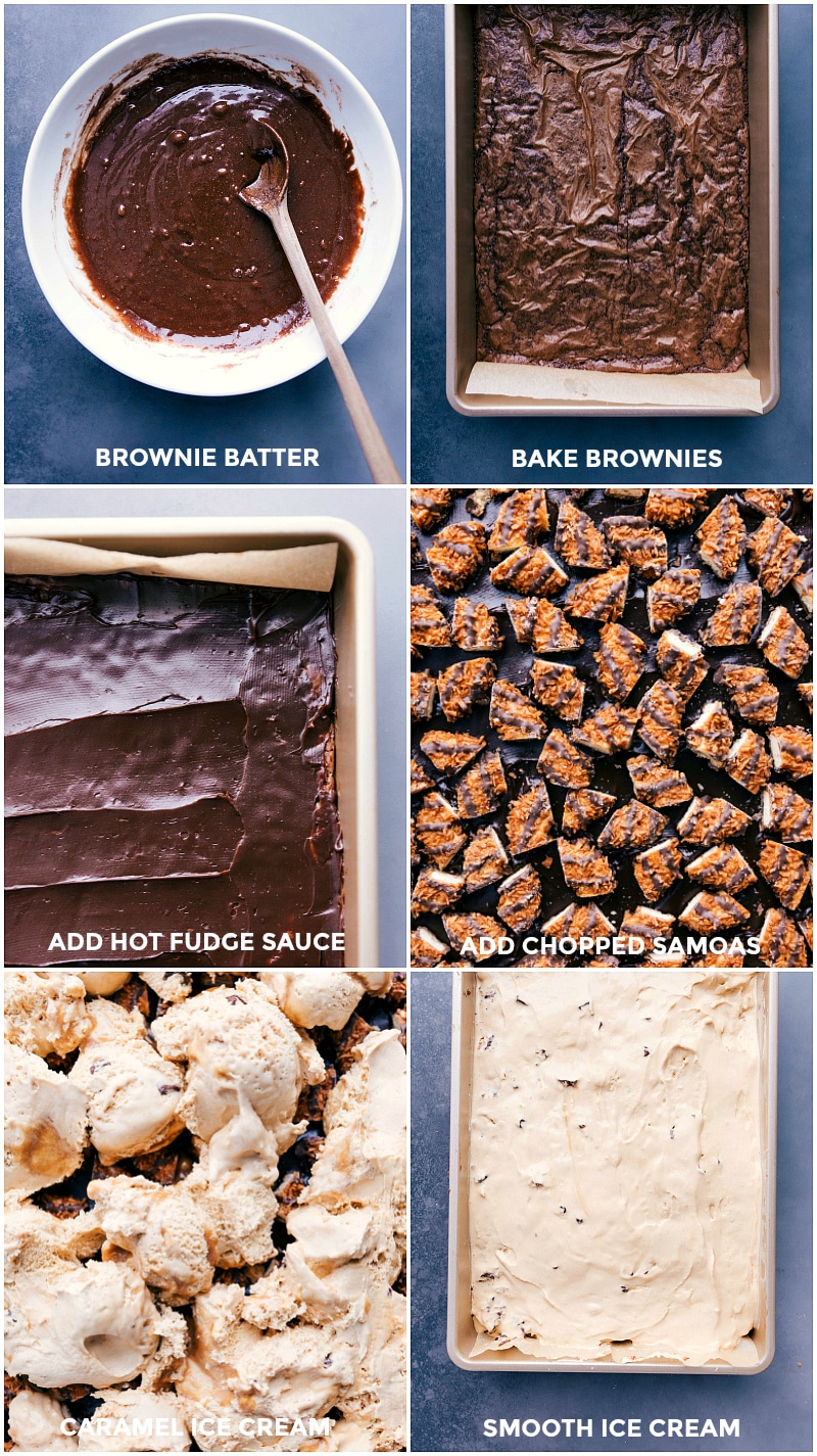 Step-by-Step: Preparing Brownie Ice Cream Bars Making brownie batter, baking brownies, chopping samoas cookies, adding ice cream on top of brownies, and smoothing the ice cream.