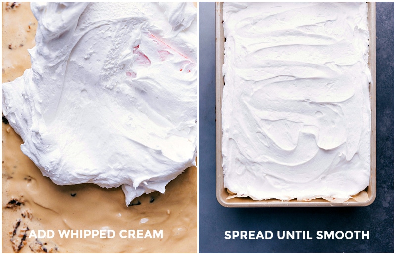 Finishing Touch: Whipped Topping on Brownie Bar Ice Cream Dessert Whipped topping being added on top of the brownie bar ice cream dessert.